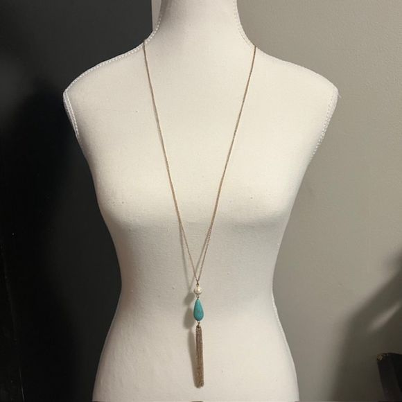Long Gold Tone Chain Necklace Faux Pearl Turquoise Teardrop Tassel Pendant - Picture 2 of 5
